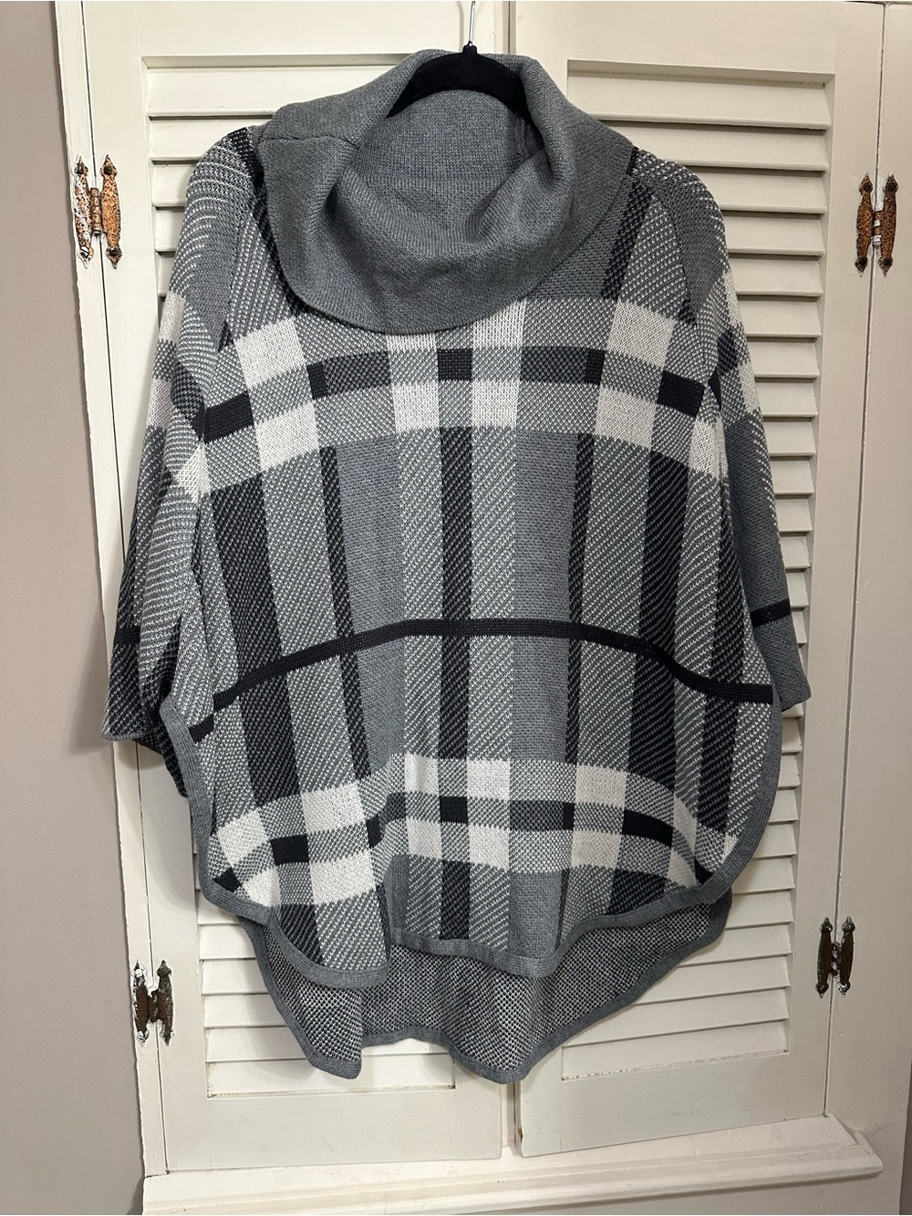 LOFT Gray and White Plaid Cowl Neck Sweater